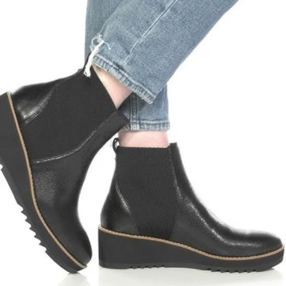 Eileen Fisher Lilou Black Leather Wedge Ankle Boots - Picture 4 of 15